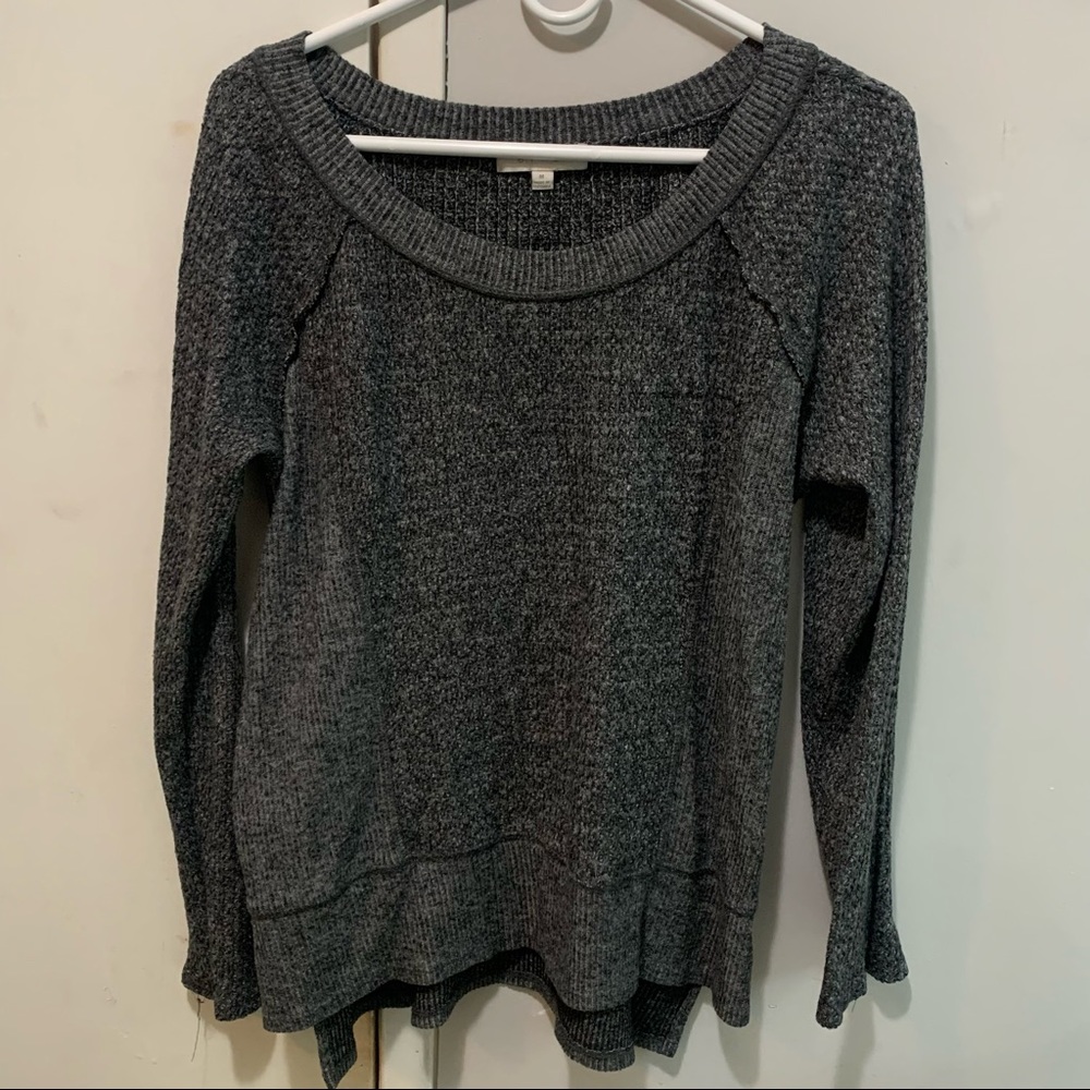 Long sleeve, charcoal grey, soft knit shirt.